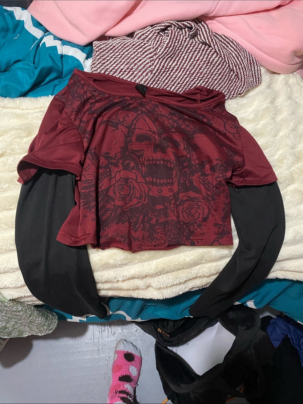 Women's Burgundy Skull Print Layered-Look Top